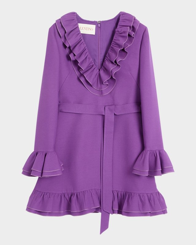 Tiered Ruffle V-Neck Wool Mini Dress